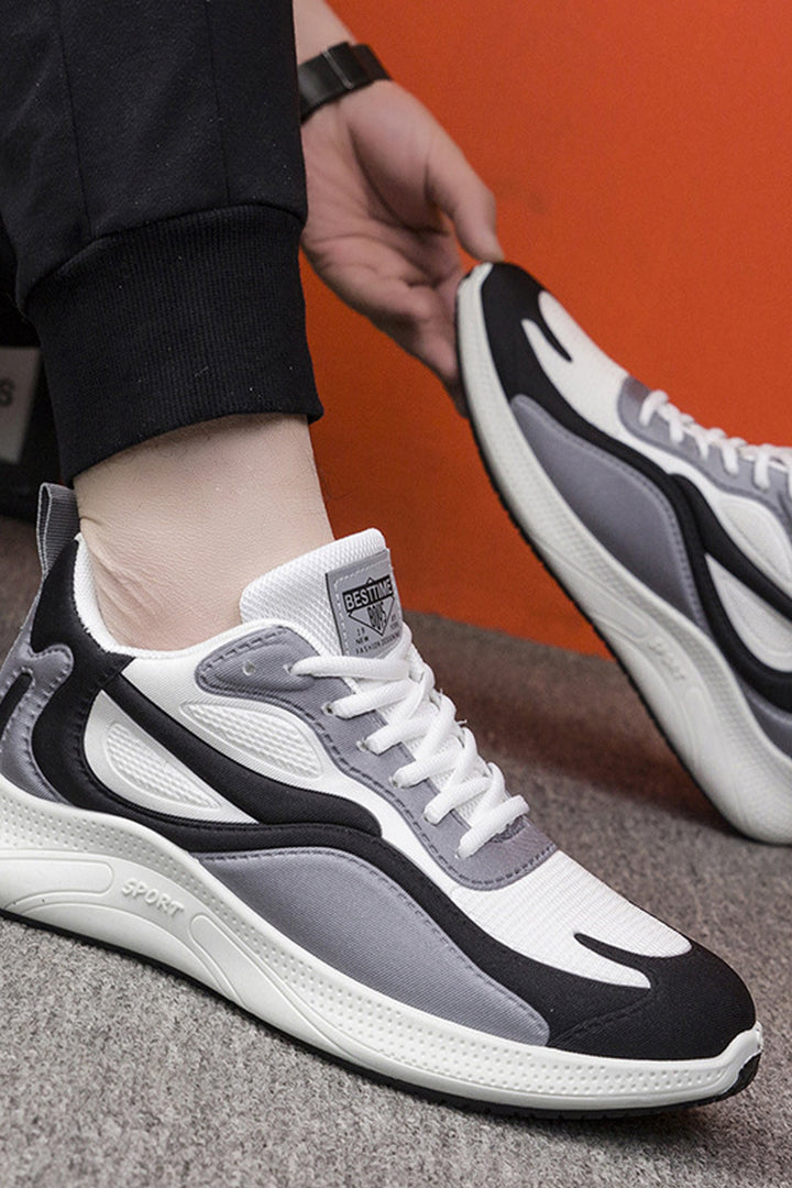 Men's Mesh Panel & Synthetic Leather Low Top Sneakers, Multi-Color Trainers, Ox White Black Trainers, Men's Footwear (UK Sizes 8, 9)