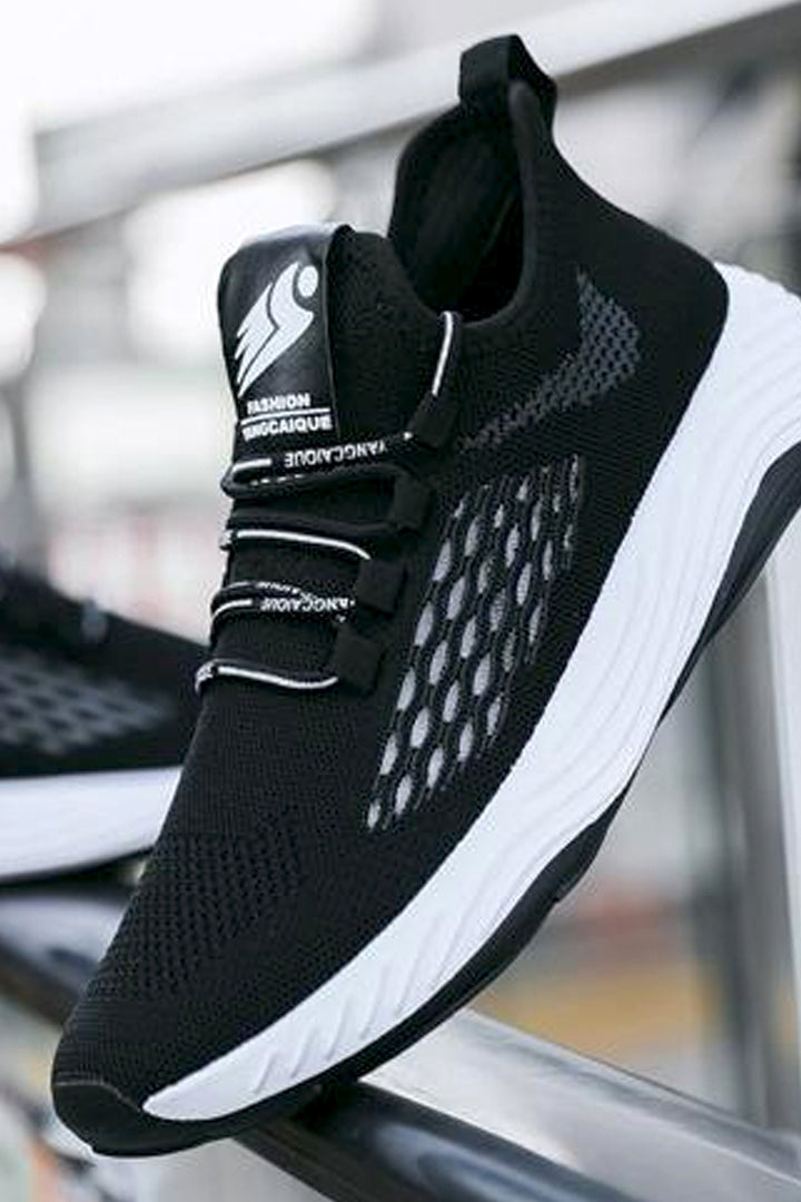 Coal Black Mesh Panel Knitted Sneakers, Flexible White Outsole, Minimalistic Casual Sneakers, Men's Footwear (UK Sizes 8, 9)