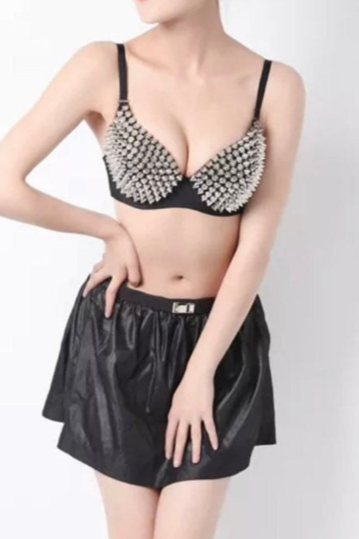 Super Cropped Studded Corset Top, Black Push-Up Bralette Bustier, Goth Punk Y2K Aesthetic