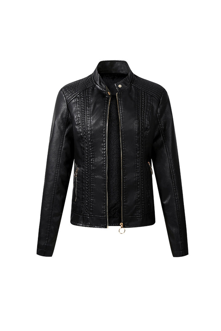 Dark Red Oversized Faux Leather Moto Biker Jacket, Solid PU Jacket, Front Zipper, Women's Plus Size Jacket, Available in 4 Colors