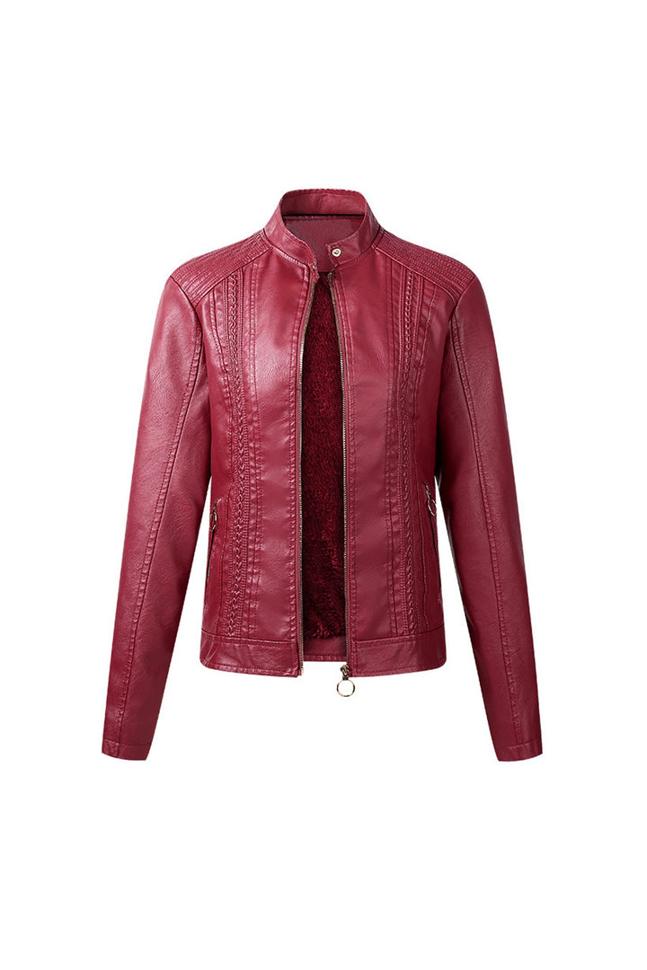 Dark Red Oversized Faux Leather Moto Biker Jacket, Solid PU Jacket, Front Zipper, Women's Plus Size Jacket, Available in 4 Colors