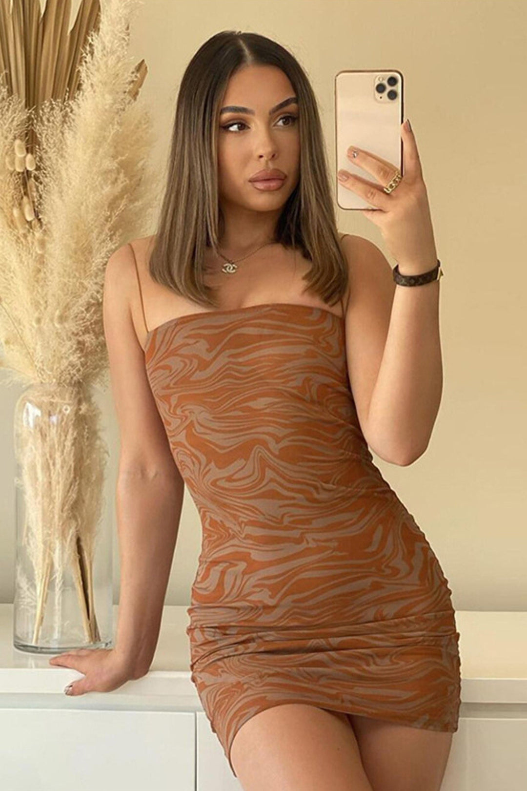 Beige & Cream Swirl Marble Print Mesh Cami Dress, Strappy Spaghetti Bodycon Mini Dress, Y2K Dress