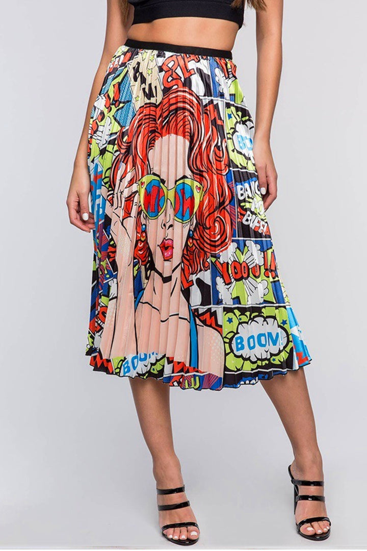 Graphic Comic Collage Print Skirt, Flared Maxi Skirt, Elastic Waistband, Available in Orange & Yellow Theme