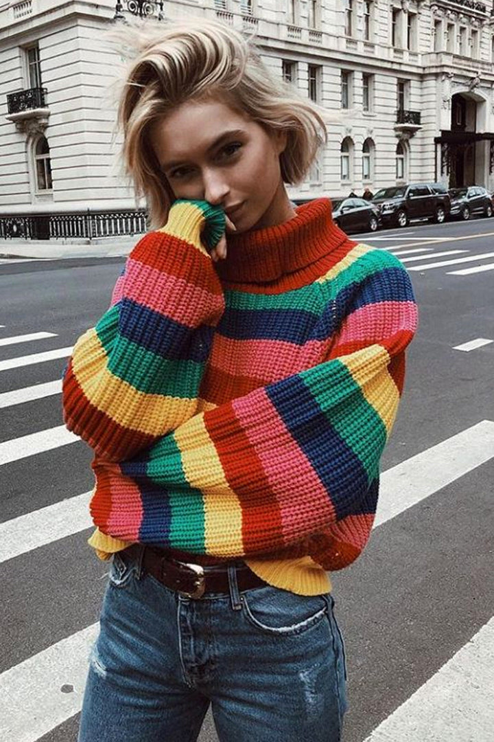 Oversized Rainbow Multicolor Patchwork Y2K Crochet Knit Cardigan Top, Turtleneck Long Puff Sleeve Top, Pride Top