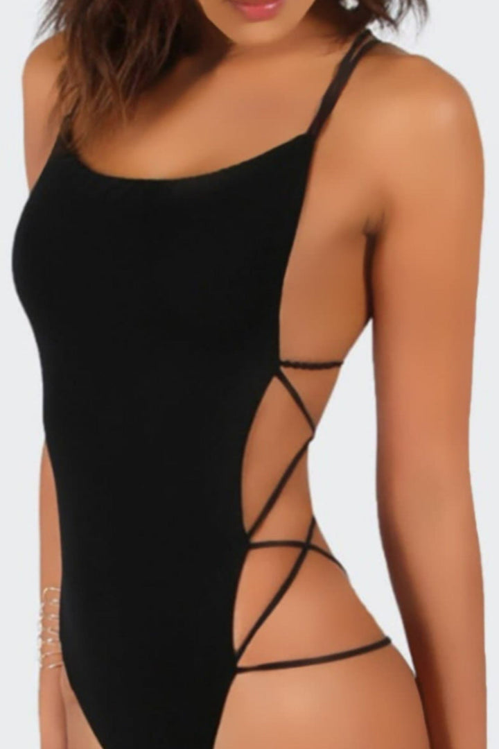 Black Side Cut Out Backless Design Lace Up Bodysuit