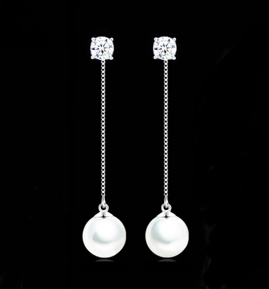 Beautiful Dangle Faux Pearl and Cubic Zirconia Earrings in Silver Finish, Pearl Earrings