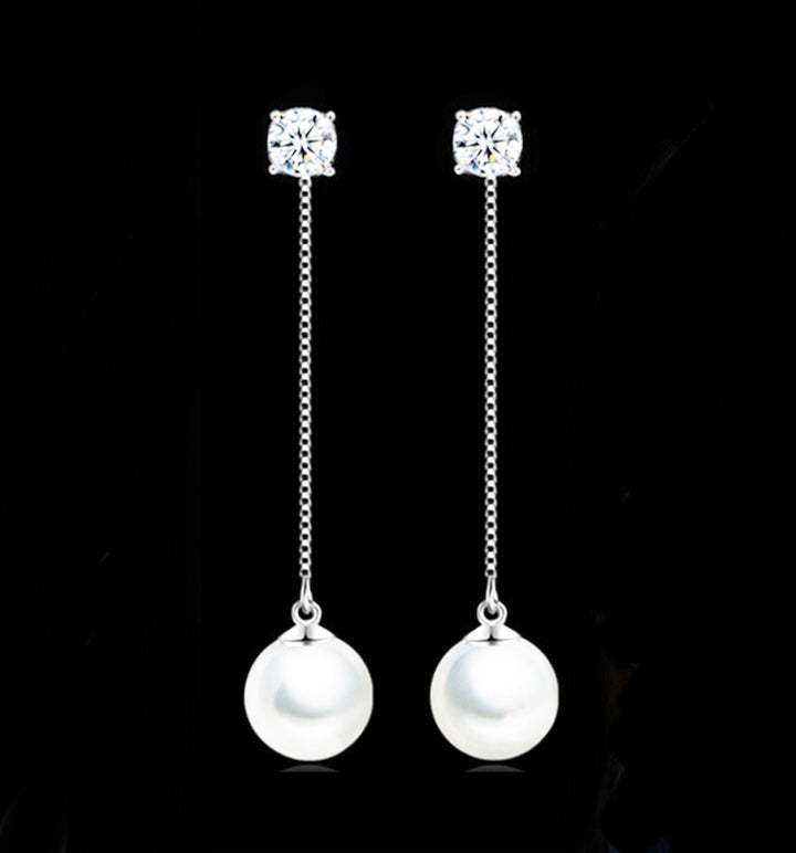 Beautiful Dangle Faux Pearl and Cubic Zirconia Earrings in Silver Finish, Pearl Earrings