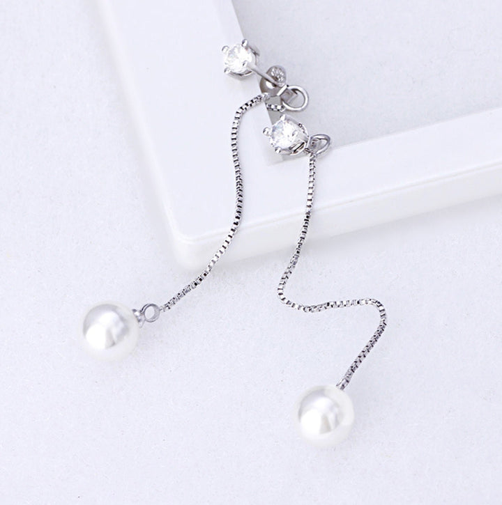 Beautiful Dangle Faux Pearl and Cubic Zirconia Earrings in Silver Finish, Pearl Earrings