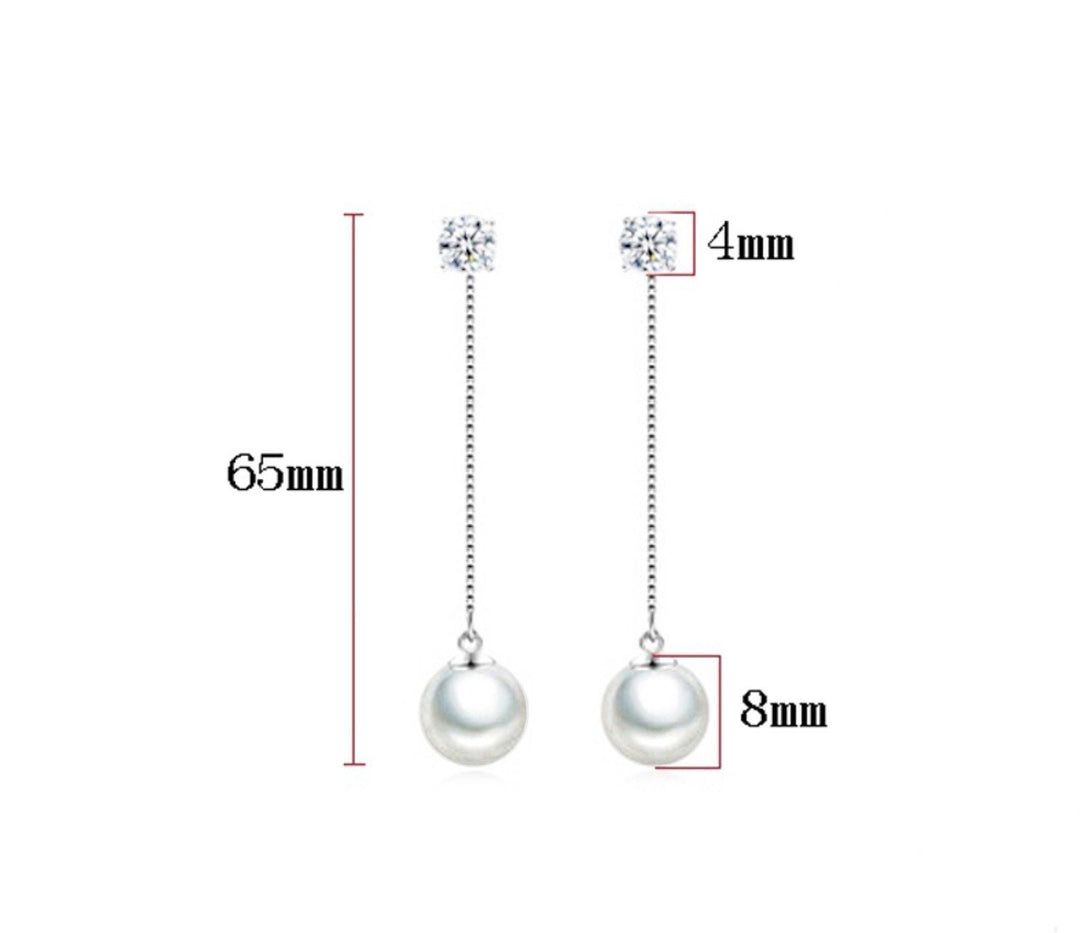 Beautiful Dangle Faux Pearl and Cubic Zirconia Earrings in Silver Finish, Pearl Earrings