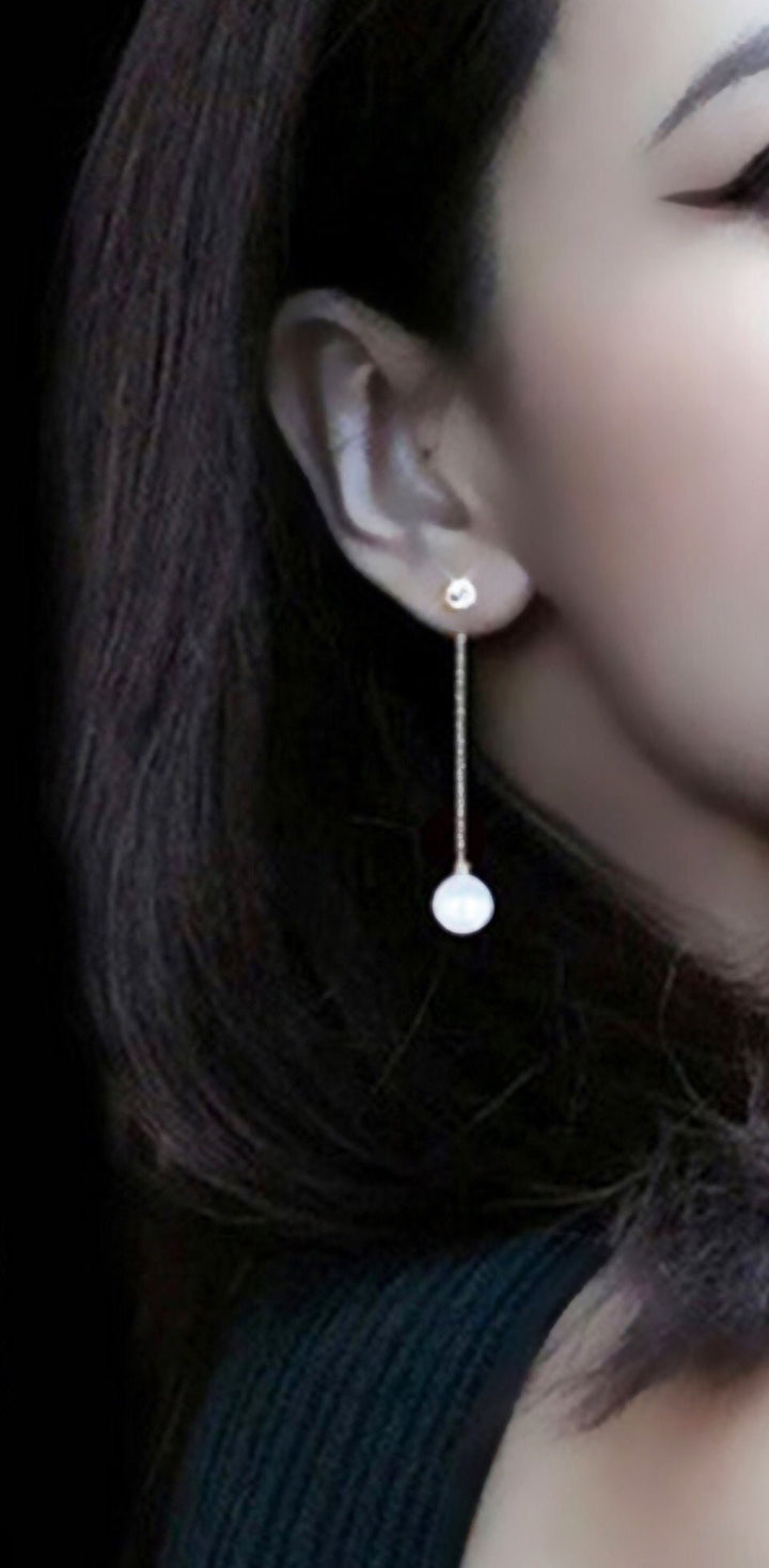 Beautiful Dangle Faux Pearl and Cubic Zirconia Earrings in Silver Finish, Pearl Earrings