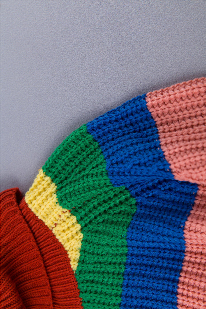 Oversized Rainbow Multicolor Patchwork Y2K Crochet Knit Cardigan Top, Turtleneck Long Puff Sleeve Top, Pride Top