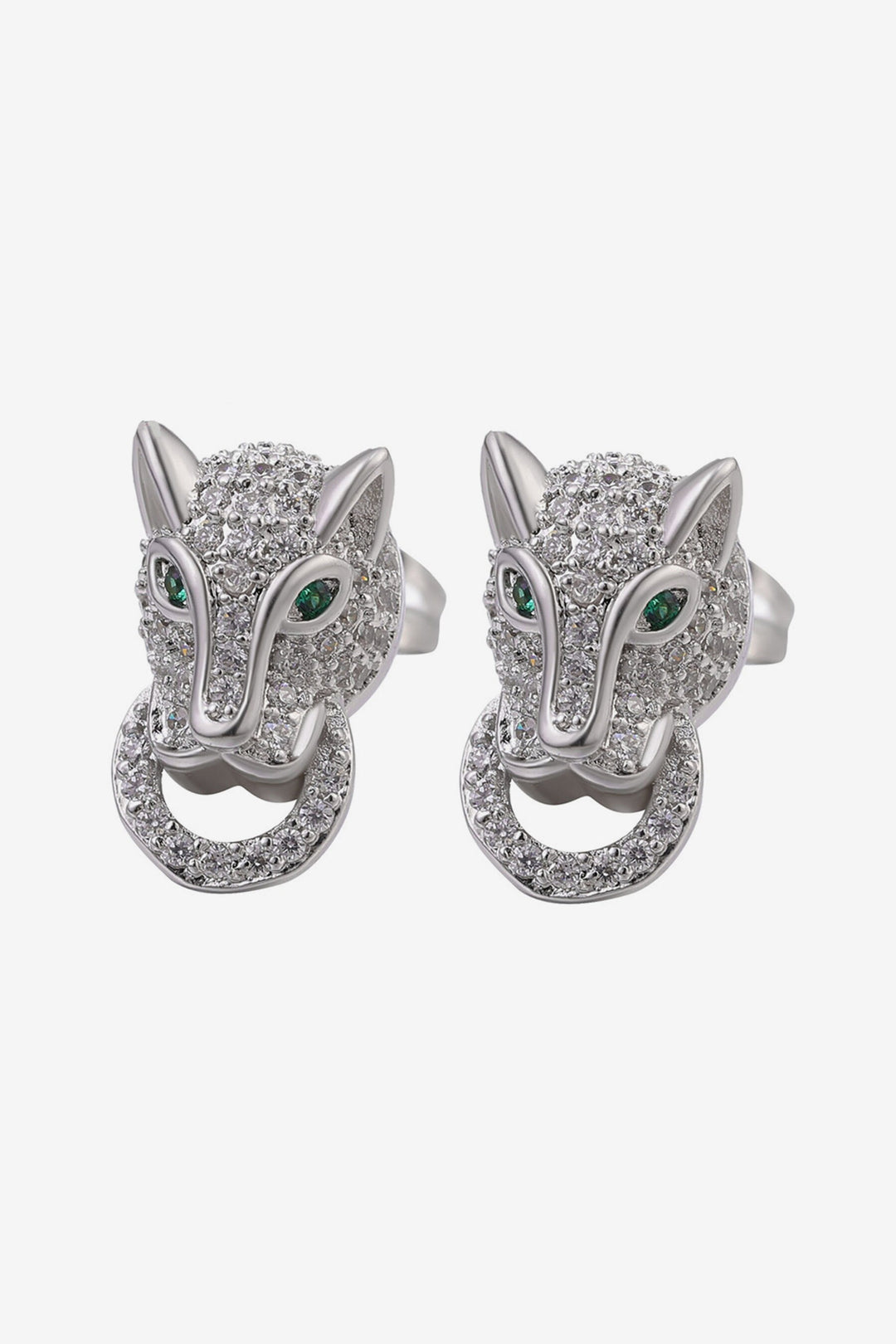 Stud Earrings Rhinestone Crystal Leopard Head & Ring, Available in Silver and Gold (48 Hour Dispatch)