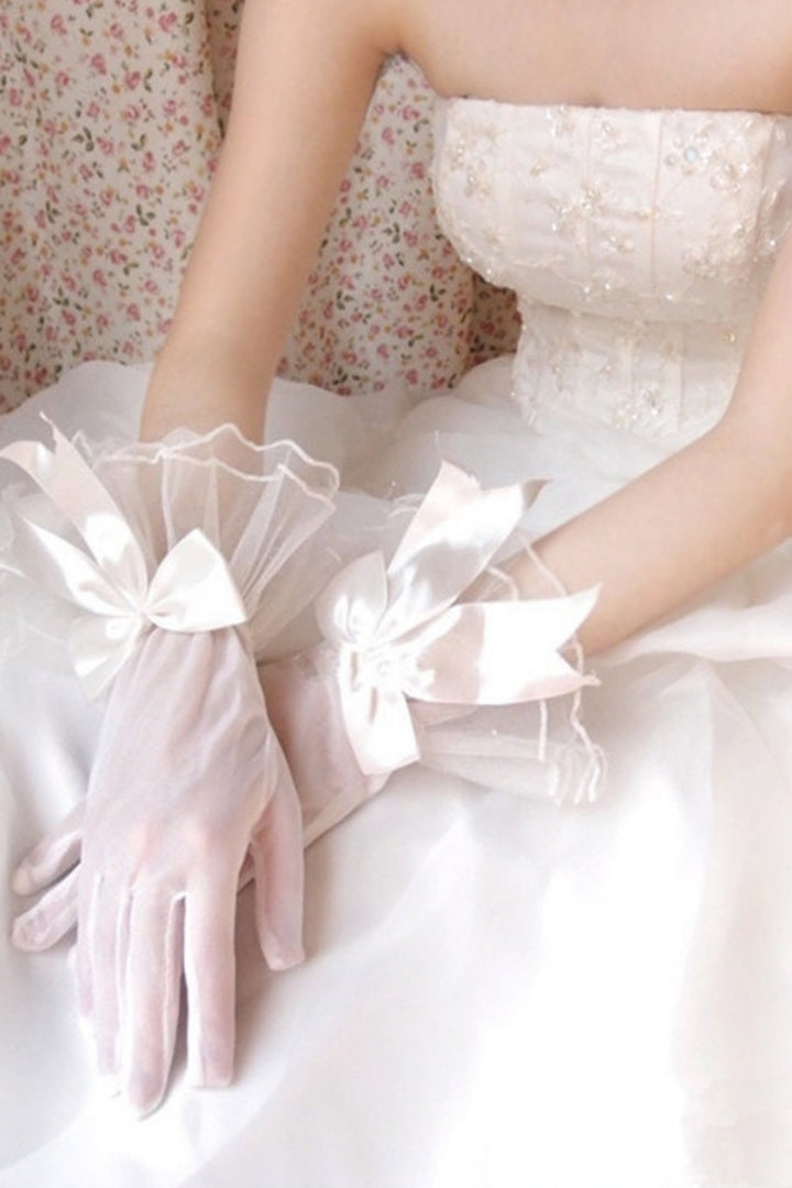 Elegant Ladies Lace Mesh Black Gloves Large Bow Knot Marriage Glove Party Prom Costume Cosplay Accessories Short Tulle Gloves Wrist Sheer