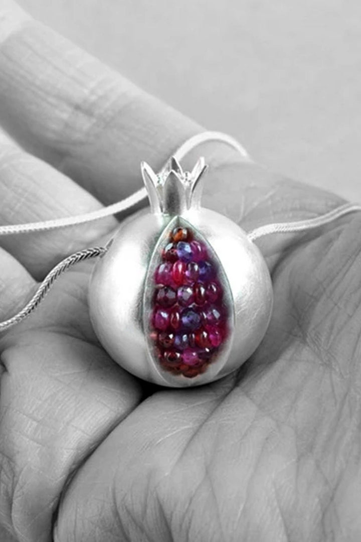 Rhinestone Crystal Decor Pomegranate Pendant Silver Necklace, Multicolor Fruit Pendant Chain Necklace (48 Hour Dispatch)