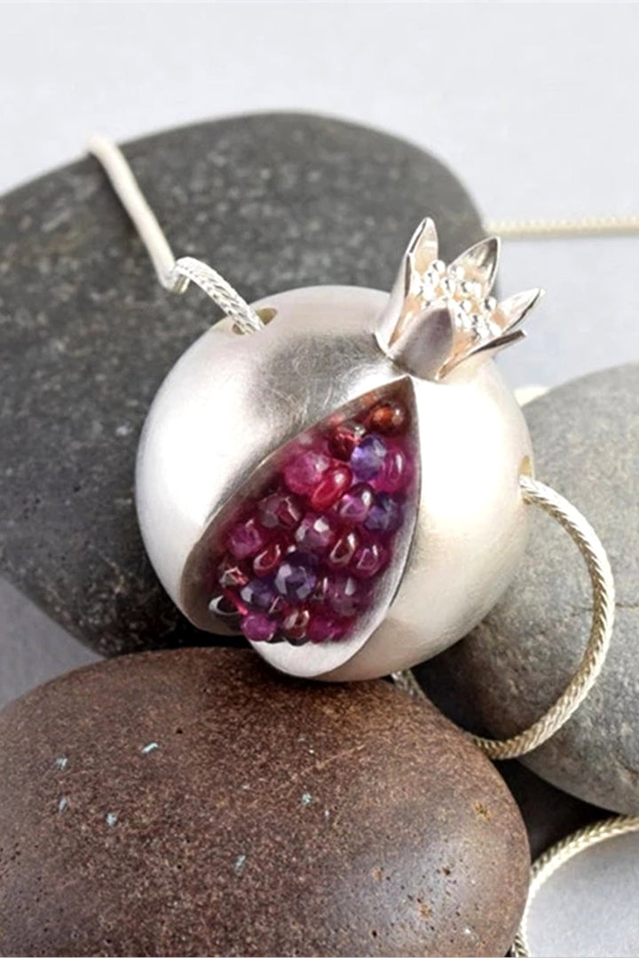 Rhinestone Crystal Decor Pomegranate Pendant Silver Necklace, Multicolor Fruit Pendant Chain Necklace (48 Hour Dispatch)