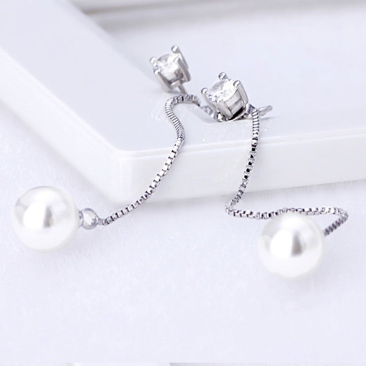 Beautiful Dangle Faux Pearl and Cubic Zirconia Earrings in Silver Finish, Pearl Earrings