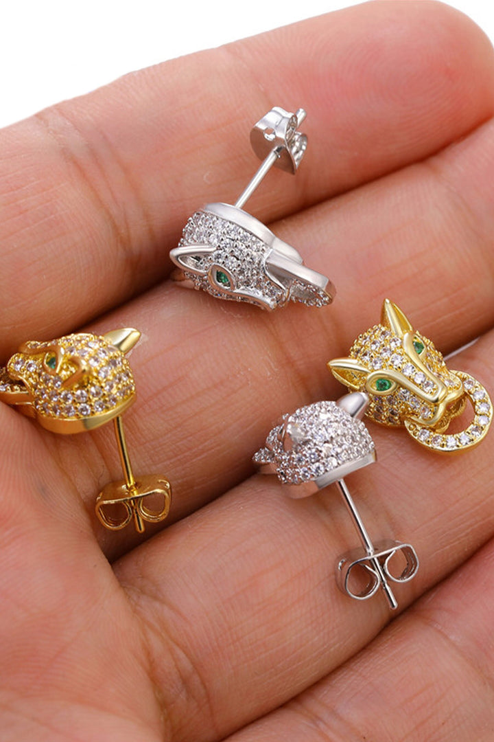 Stud Earrings Rhinestone Crystal Leopard Head & Ring, Available in Silver and Gold (48 Hour Dispatch)