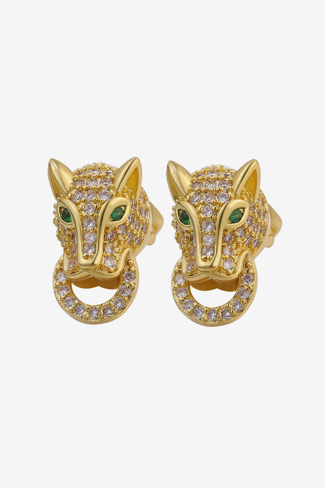 Stud Earrings Rhinestone Crystal Leopard Head & Ring, Available in Silver and Gold (48 Hour Dispatch)
