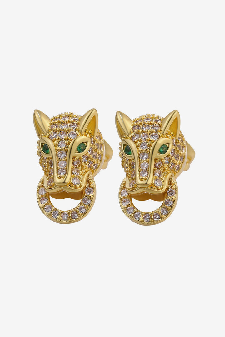 Stud Earrings Rhinestone Crystal Leopard Head & Ring, Available in Silver and Gold (48 Hour Dispatch)