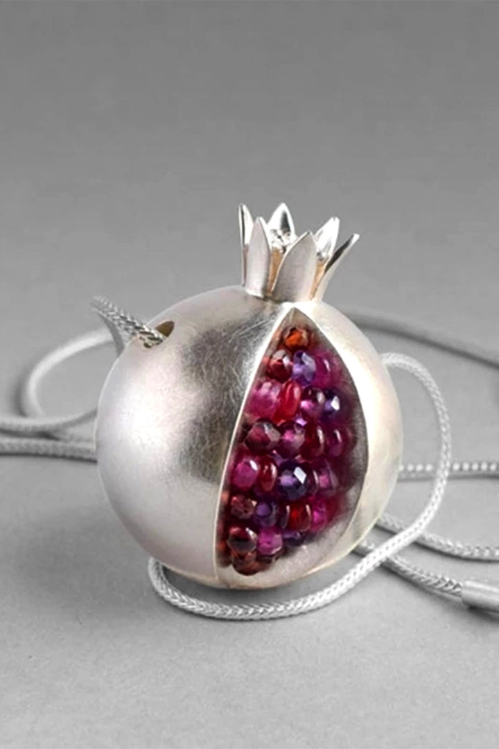 Rhinestone Crystal Decor Pomegranate Pendant Silver Necklace, Multicolor Fruit Pendant Chain Necklace (48 Hour Dispatch)