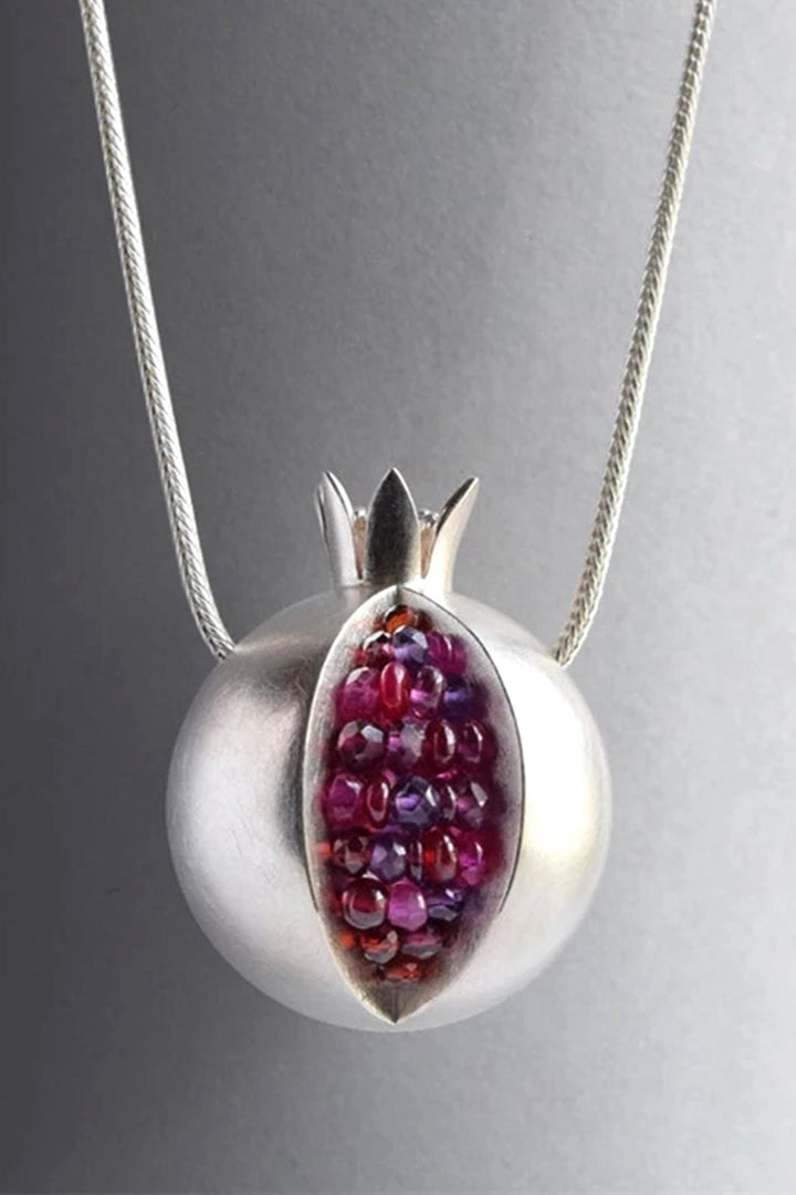 Rhinestone Crystal Decor Pomegranate Pendant Silver Necklace, Multicolor Fruit Pendant Chain Necklace (48 Hour Dispatch)