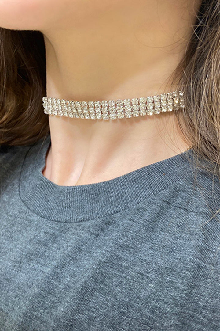 Rhinestone Crystal Decor Silver Choker, Multiple Row Chunky Diamante Choker Necklace, Adjustable Chain  (48 Hour Dispatch)