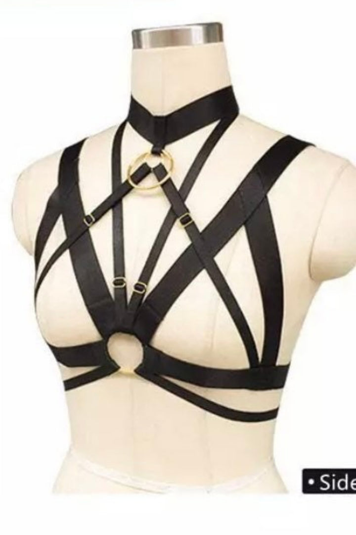 Women’s Body Harness, Lingerie, Strappy Harness Cupless Bandage Bra. Punk, Carnival. Bustier Cage Crop Top Black Halter Neck Bra. Design C. (48 Hour Dispatch)