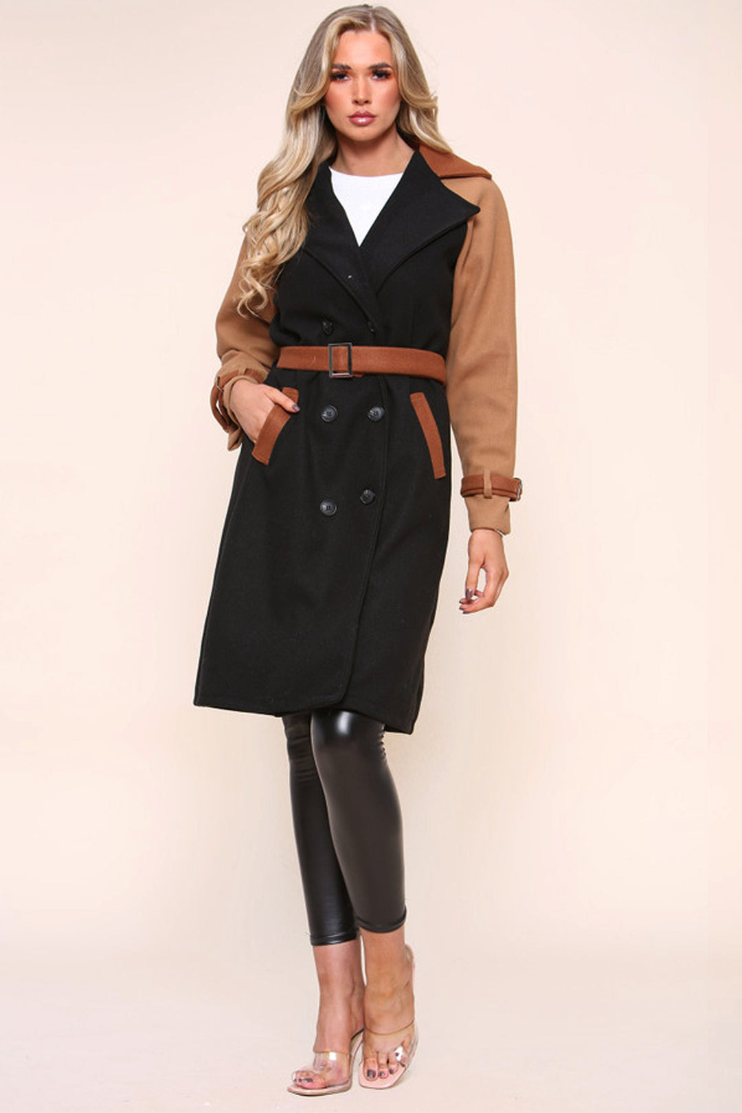 Fleece Block Color Oversized Trench Coat, Belted Khaki Green & Tan Brown Coat, Side Pockets