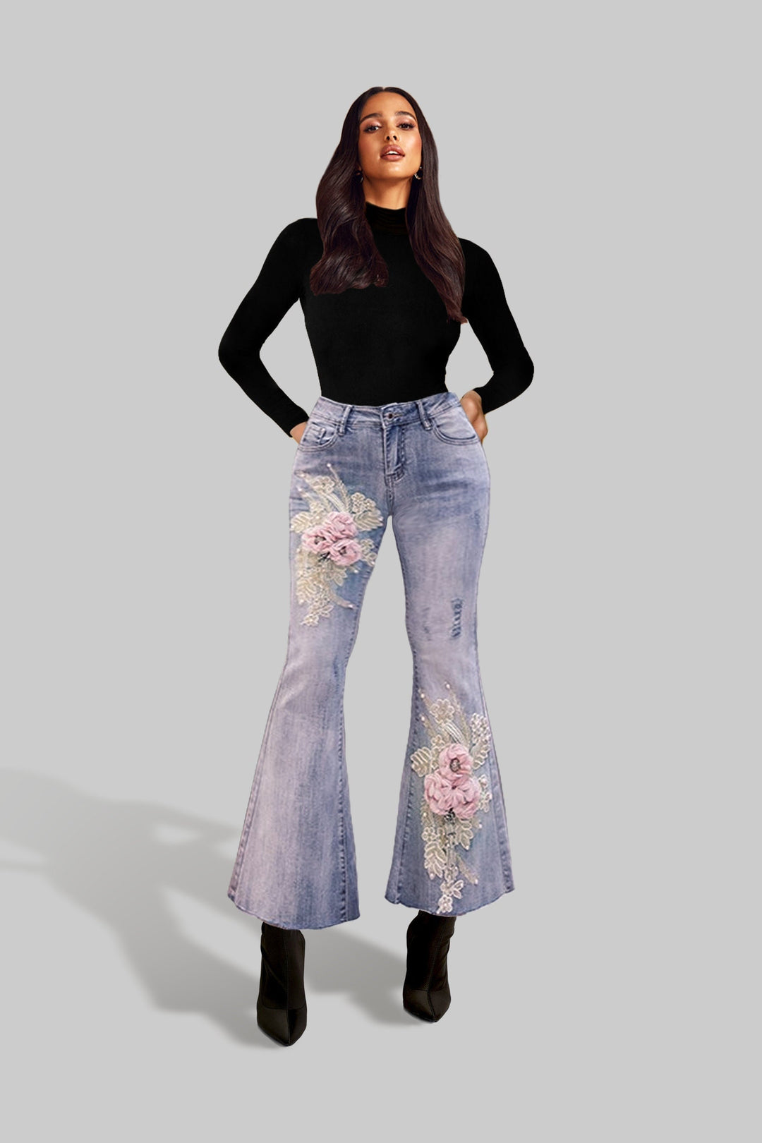 Pink Floral Embellished Flare Frayed Hem Denim Jeans, Grey Wash High Rise  Ankle Length Jeans