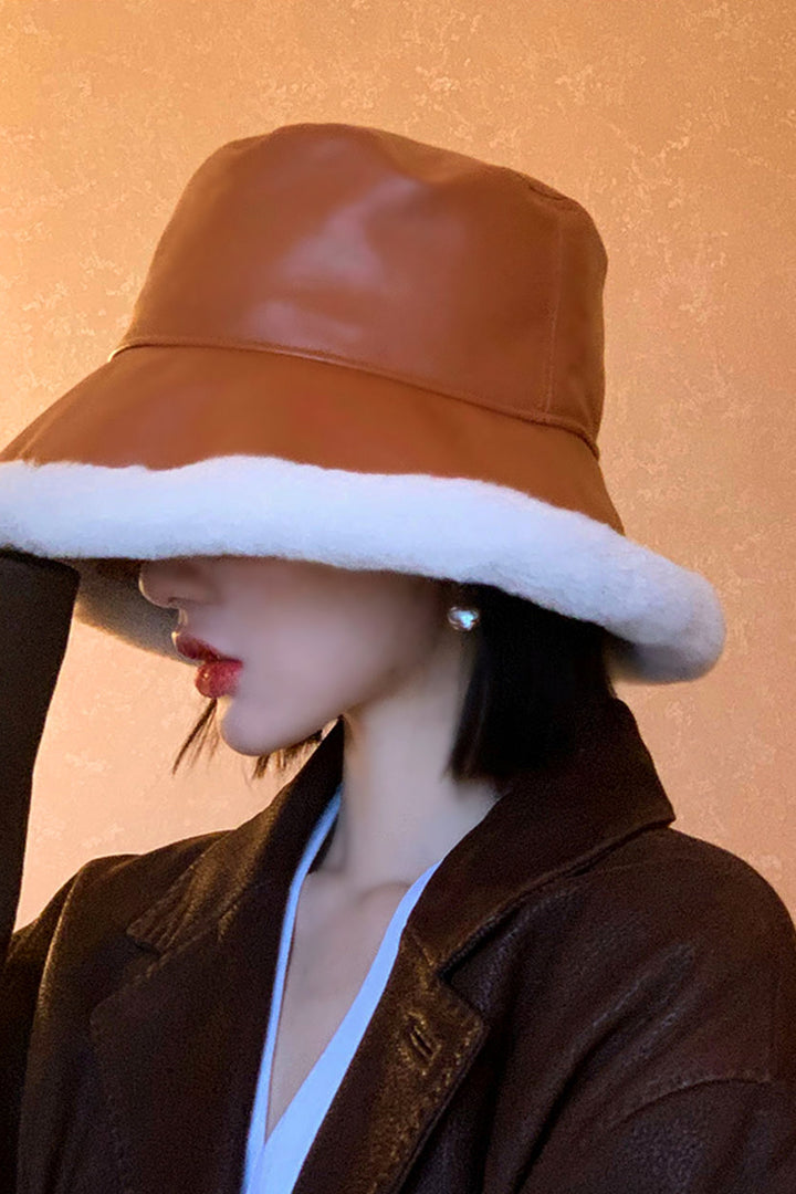 Vegan Leather Fuzzy Trim Bucket Hat, Artificial PU Faux Fur Festival Bucket Hat, Available in Black & Tan Brown