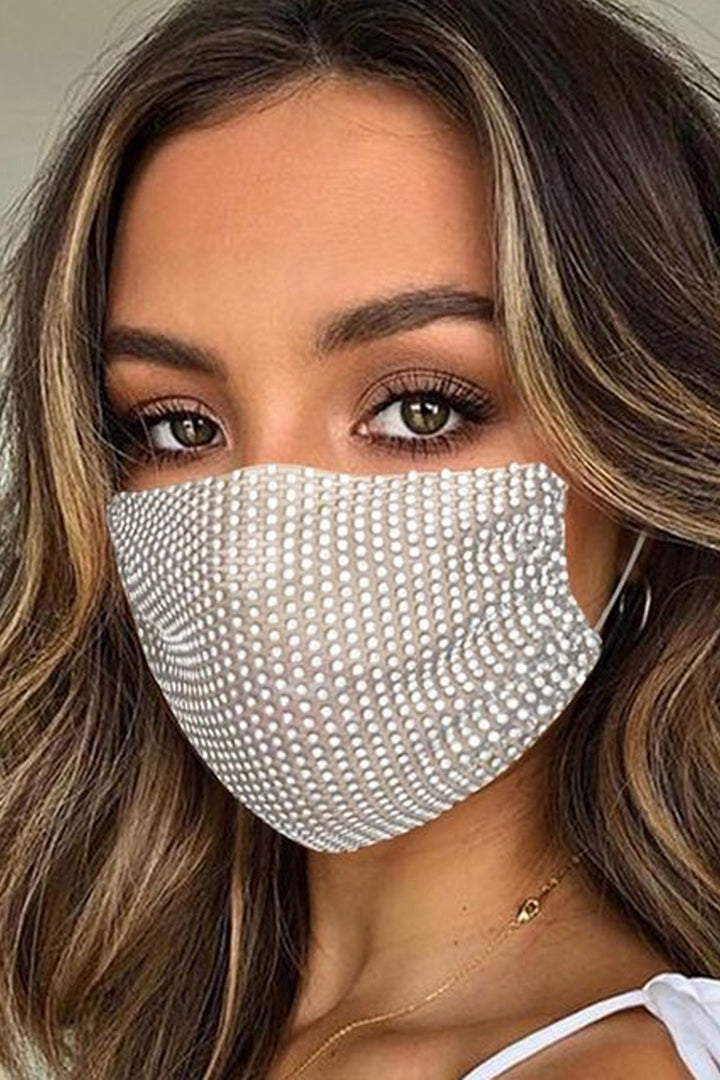 Silver Crystal Rhinestone Embellished White Face Mask, Washable Reusable Face Mask (48 Hour Dispatch)