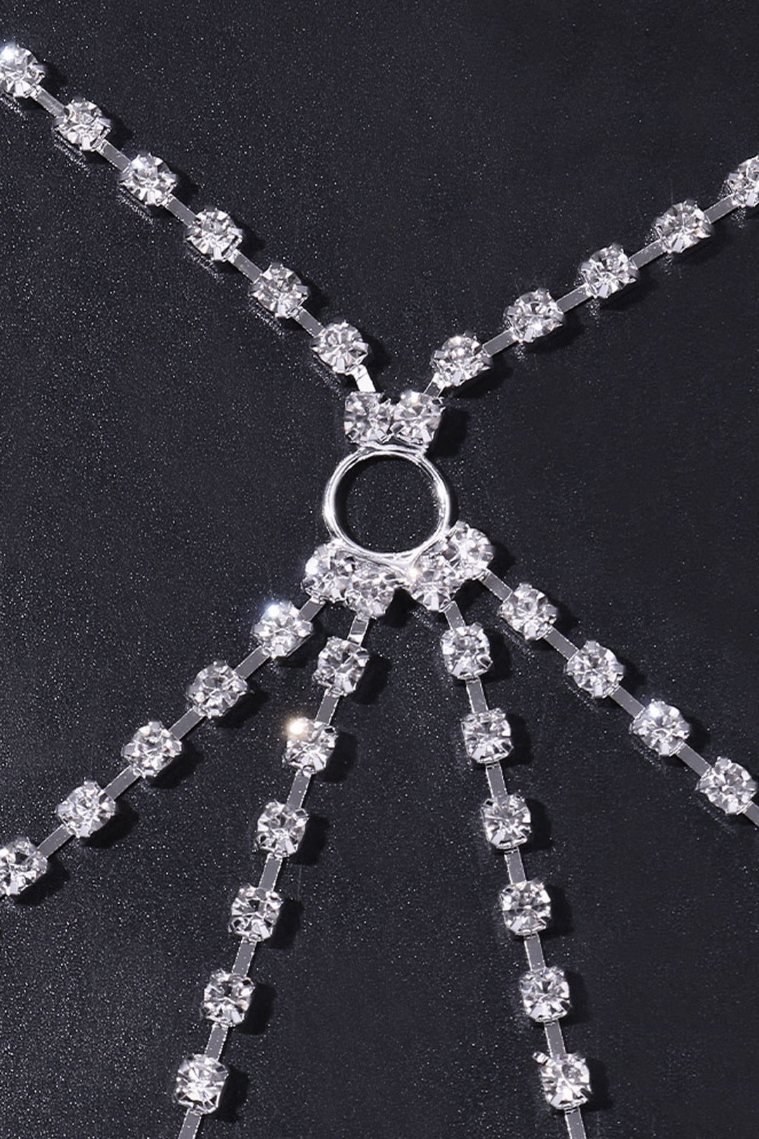 Y2K Silver Crystal Rhinestone O-Ring Layered Chain Body Harness, Dainty Festival Bikini Necklace Belly Body Chain (48 Hour Dispatch)