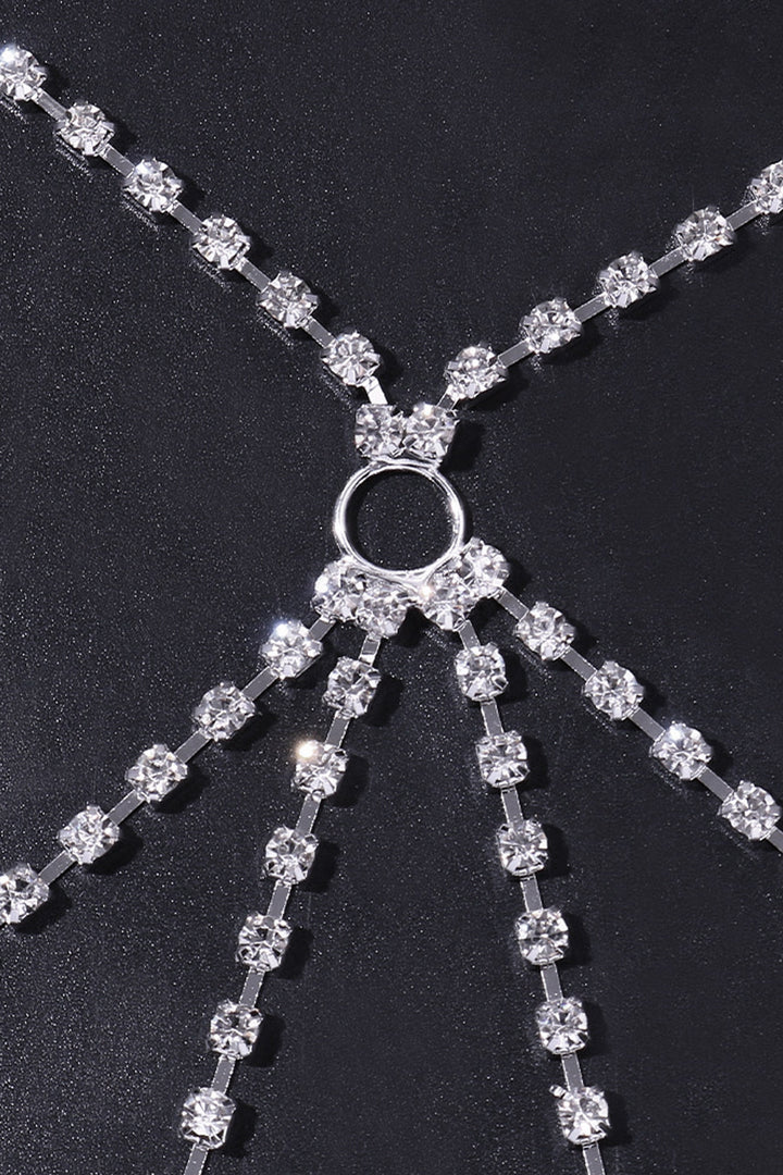 Y2K Silver Crystal Rhinestone O-Ring Layered Chain Body Harness, Dainty Festival Bikini Necklace Belly Body Chain (48 Hour Dispatch)