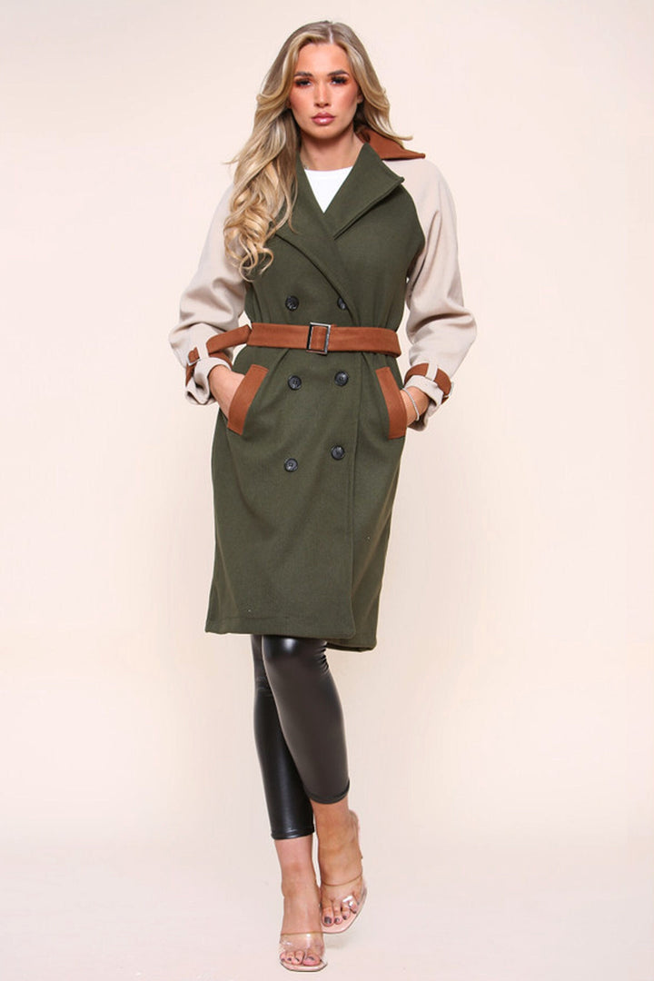 Fleece Block Color Oversized Trench Coat, Belted Khaki Green & Tan Brown Coat, Side Pockets