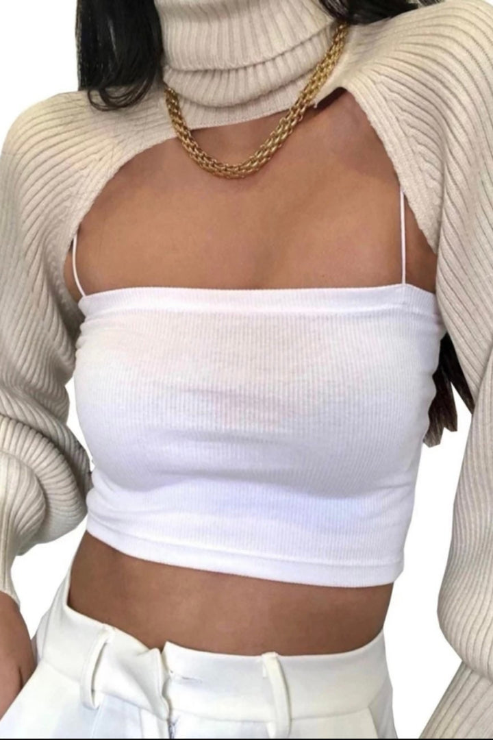 Mock Neck Ribbed Knit Super Crop Jumper, Pullover Turtleneck Super Cropped Sweater Tee