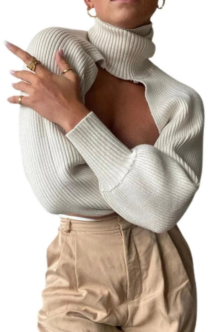 Mock Neck Ribbed Knit Super Crop Jumper, Pullover Turtleneck Super Cropped Sweater Tee