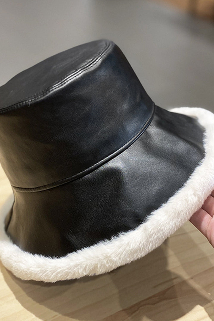 Vegan Leather Fuzzy Trim Bucket Hat, Artificial PU Faux Fur Festival Bucket Hat, Available in Black & Tan Brown