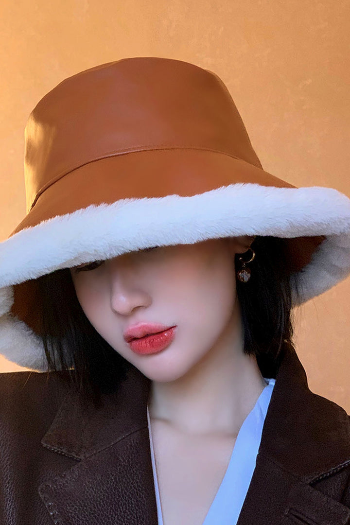 Vegan Leather Fuzzy Trim Bucket Hat, Artificial PU Faux Fur Festival Bucket Hat, Available in Black & Tan Brown