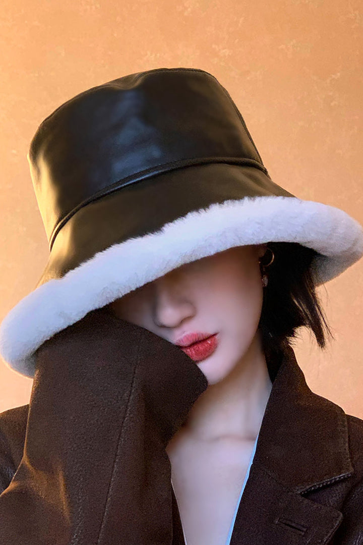 Vegan Leather Fuzzy Trim Bucket Hat, Artificial PU Faux Fur Festival Bucket Hat, Available in Black & Tan Brown