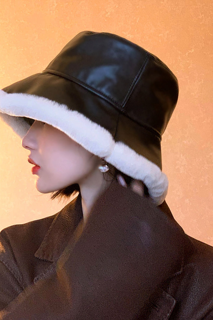 Vegan Leather Fuzzy Trim Bucket Hat, Artificial PU Faux Fur Festival Bucket Hat, Available in Black & Tan Brown