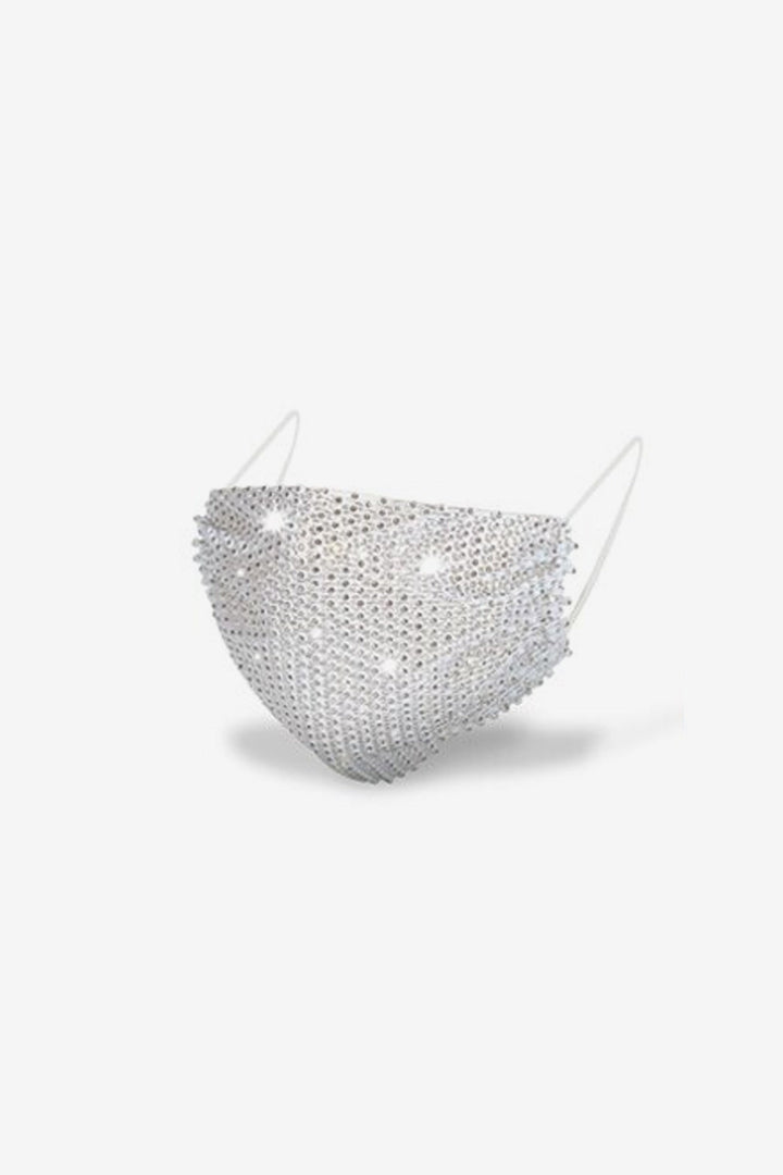 Silver Crystal Rhinestone Embellished White Face Mask, Washable Reusable Face Mask (48 Hour Dispatch)