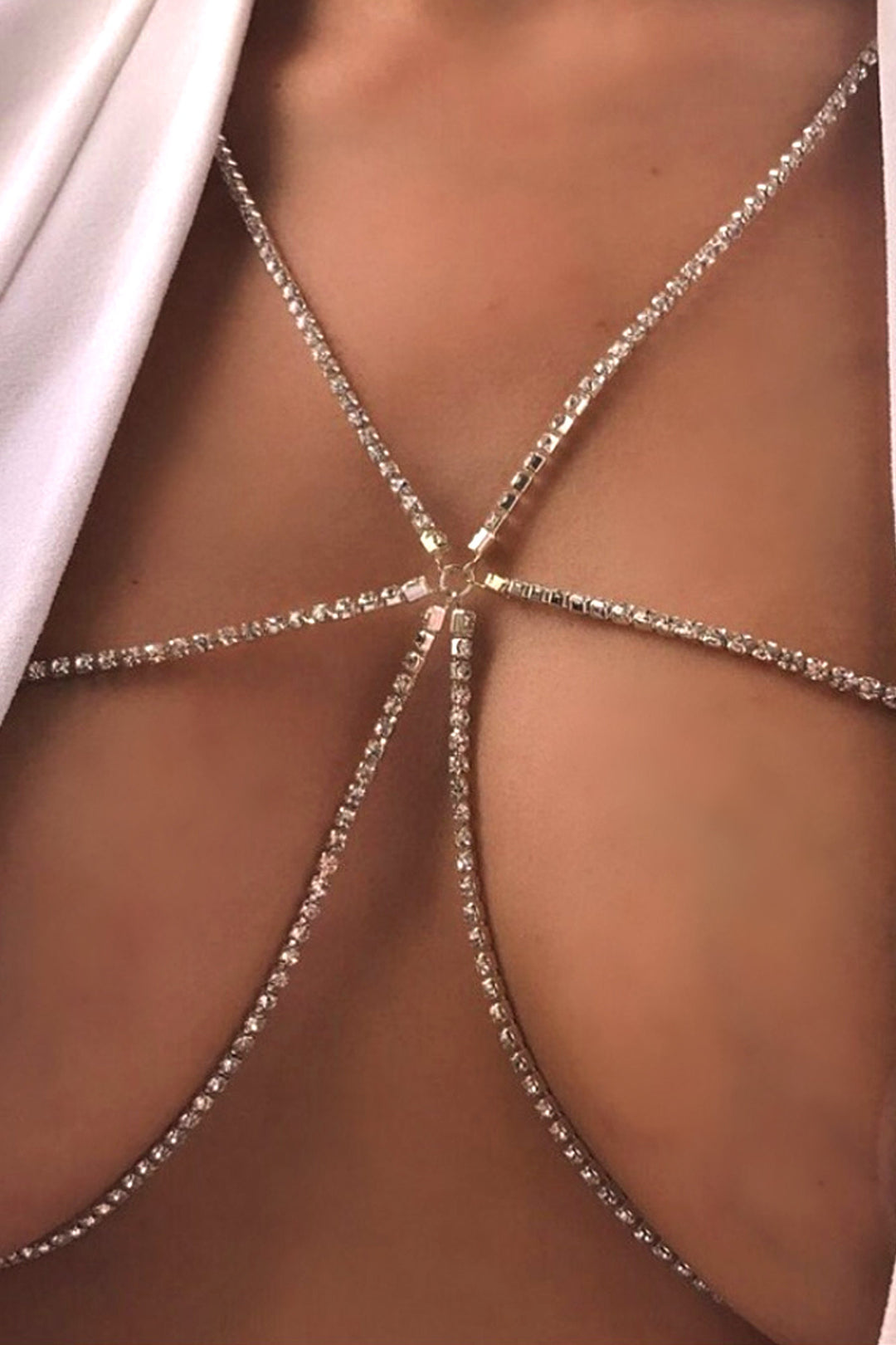 Y2K Silver Crystal Rhinestone O-Ring Layered Chain Body Harness, Dainty Festival Bikini Necklace Belly Body Chain (48 Hour Dispatch)