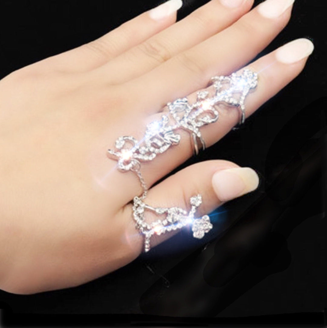 Crystal Two Finger Ring Link Chain, Adjustable Rings, Wedding Jewelry, Bridal Jewellery, Silver, Gift Idea (48 Hour Dispatch)