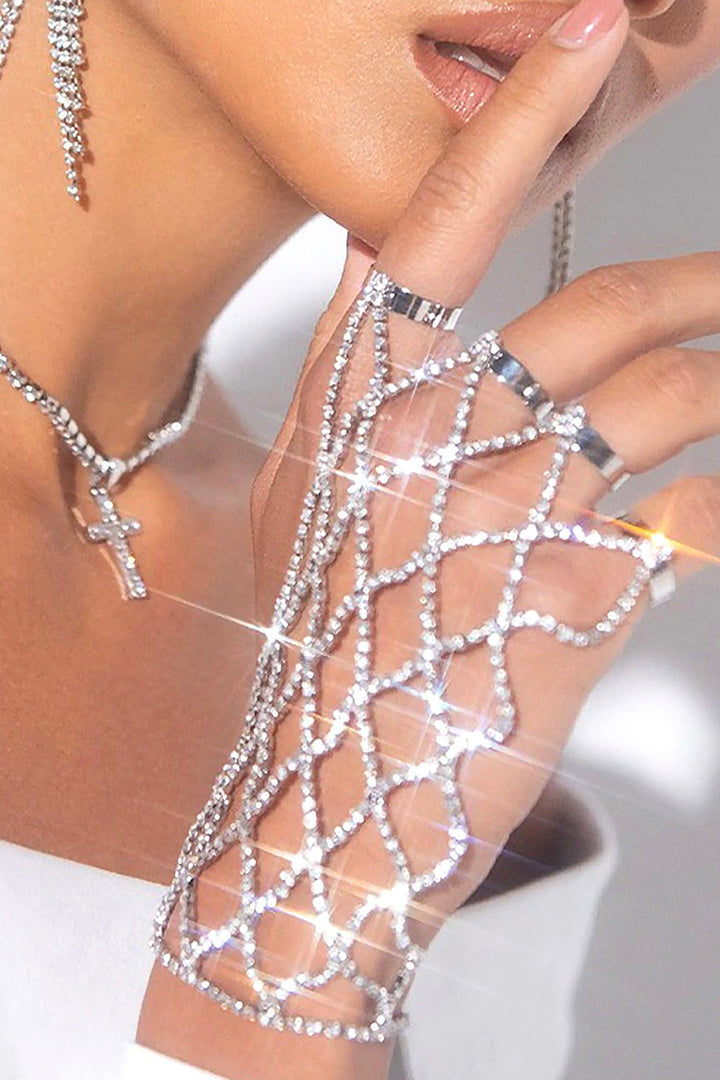 Y2K Silver Crystal Rhinestone Hand Chain Decor Ring, Diamante Bracelet  (48 Hour Dispatch)