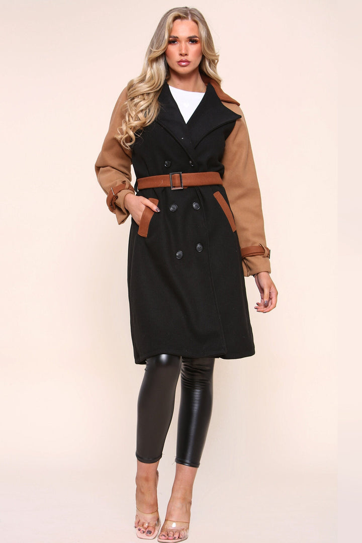 Fleece Block Color Oversized Trench Coat, Belted Khaki Green & Tan Brown Coat, Side Pockets