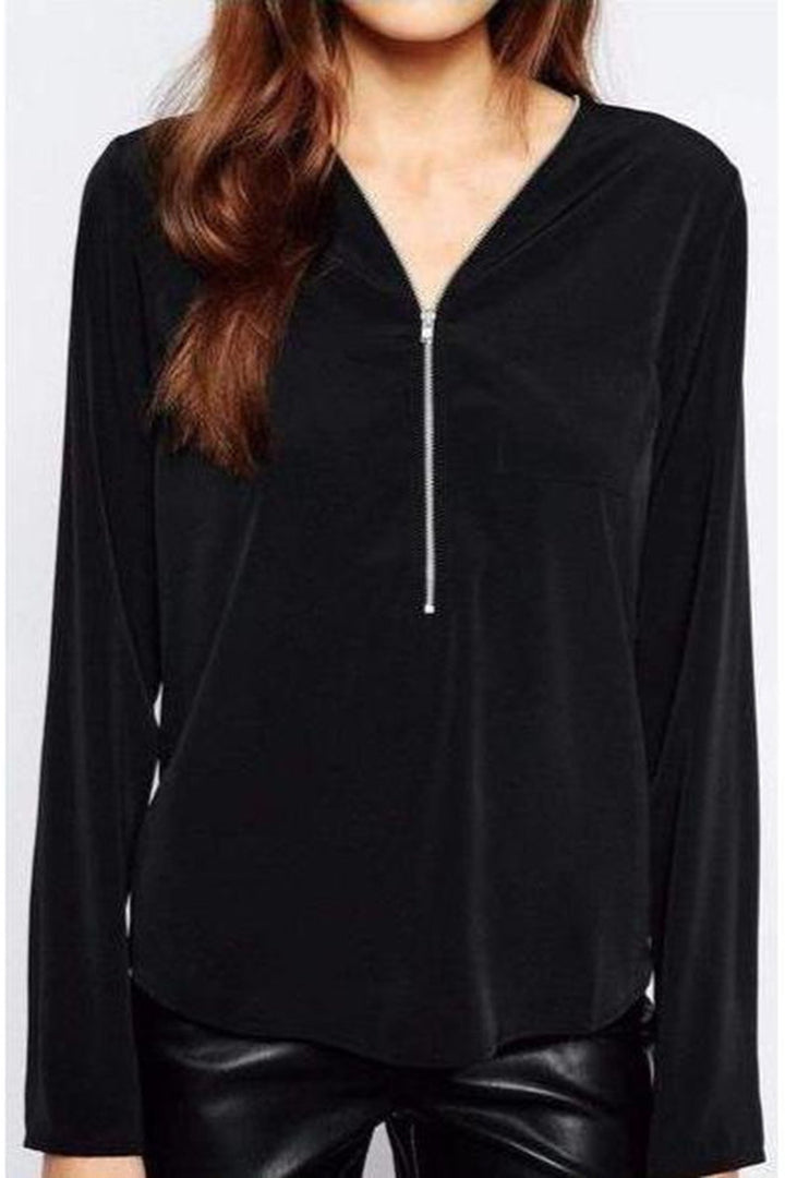 Keep It Classy Black Long Sleeve Zip Front Blouse - Hayati London