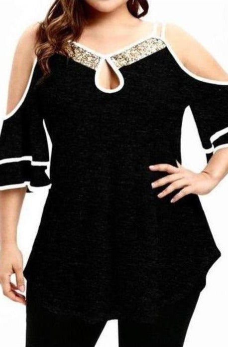Strappy Frillz Cold Shoulder Glitter Blouse - Hayati London