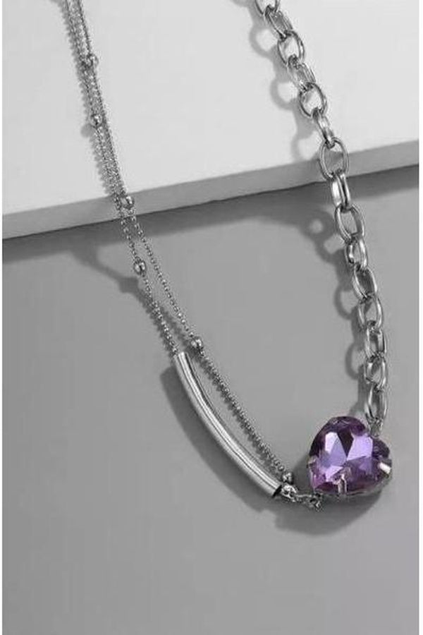 Sparkling Heart shaped Purple Rhinestone Choker Necklace,  Silver finish - Hayati London