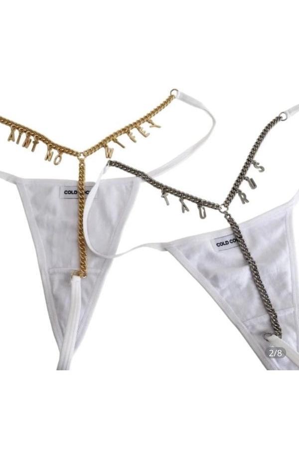 Stainless Steel Thong Chain Golden, White Panties Sexy Body Chain Personalized ("COME HERE") for Women Body Jewellery. Free Size - Hayati London