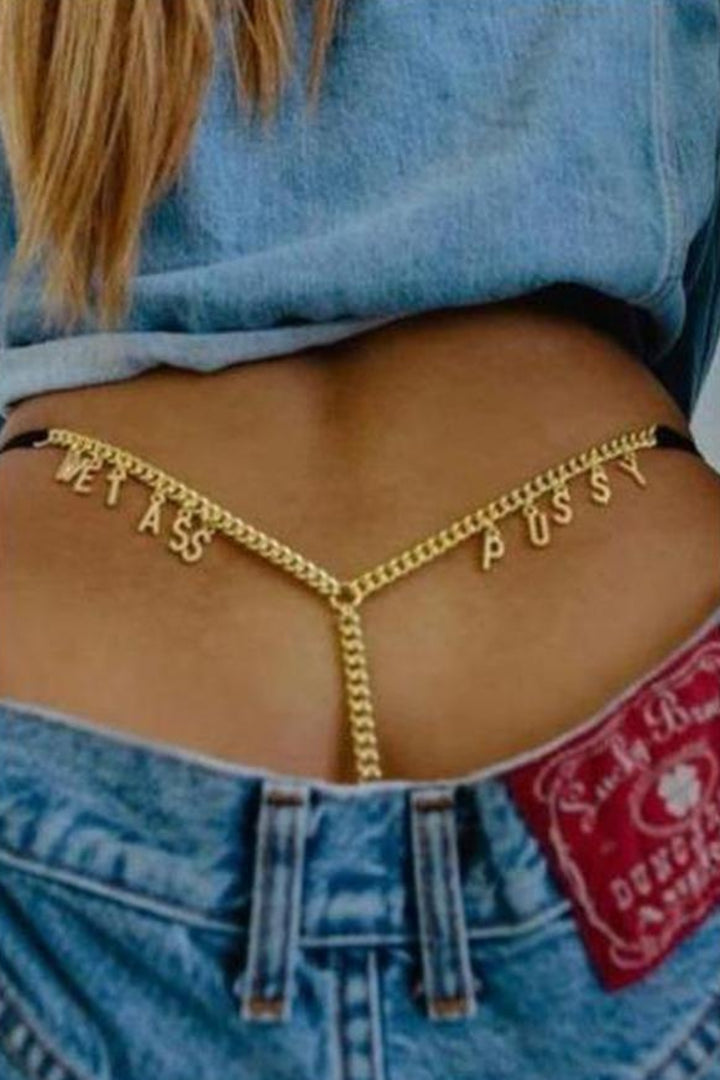 Stainless Steel Thong Chain Golden, White Panties Sexy Body Chain Personalized ("COME HERE") for Women Body Jewellery. Free Size - Hayati London